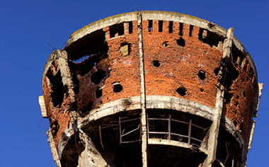 A war damaged water tower in Vukovar
